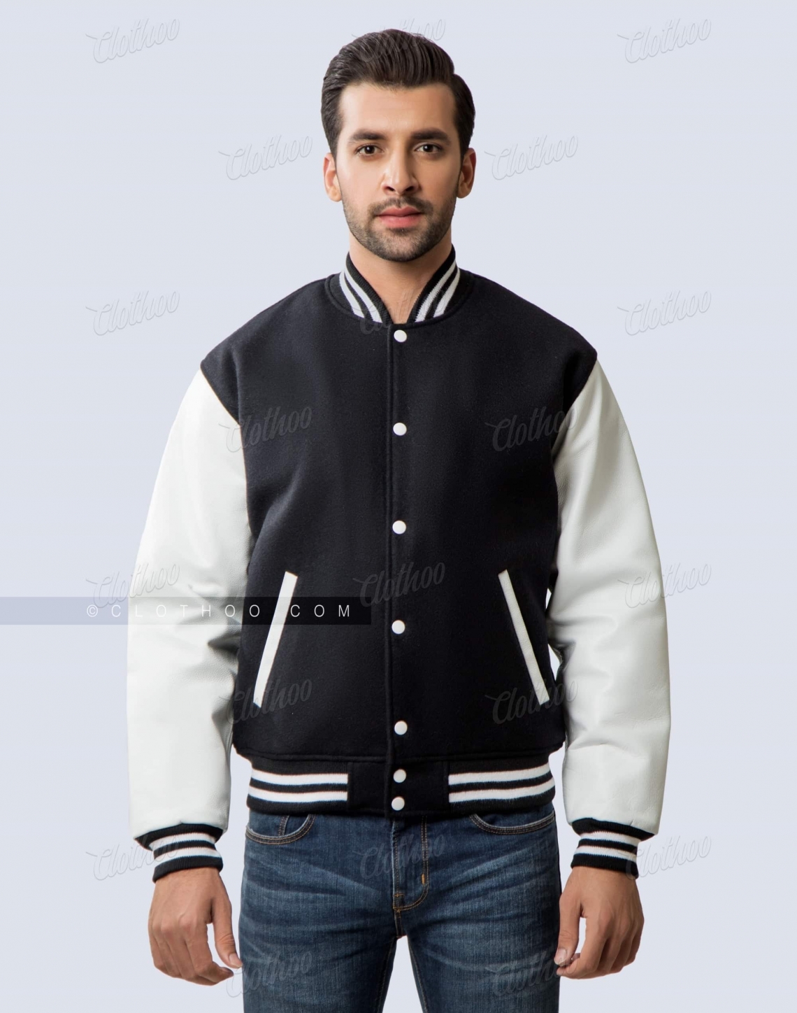 Black and White Letterman Jacket Wool / Leather