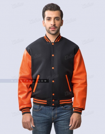 Black Wool and Orange Leather Sleeves Letterman Jacket Black Wool and Orange Leather Sleeves Letterman Jacket