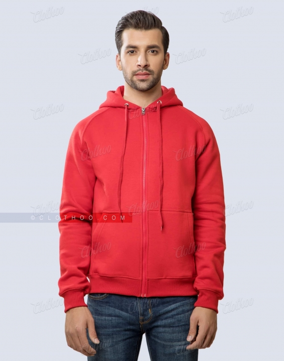 Customizable Zipper Fleece Hoodie In Red Front