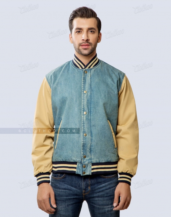 Denim Varsity Jacket Cotton Twill Sleeves Front