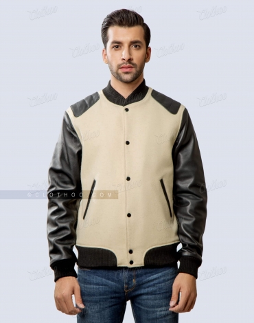 Off White Wool and Black Sheepskin Leather Varsity Jacket Shoulder Pads