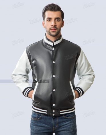 Varsity Jacket with Standup Collar Black and White Cowhide Leather
