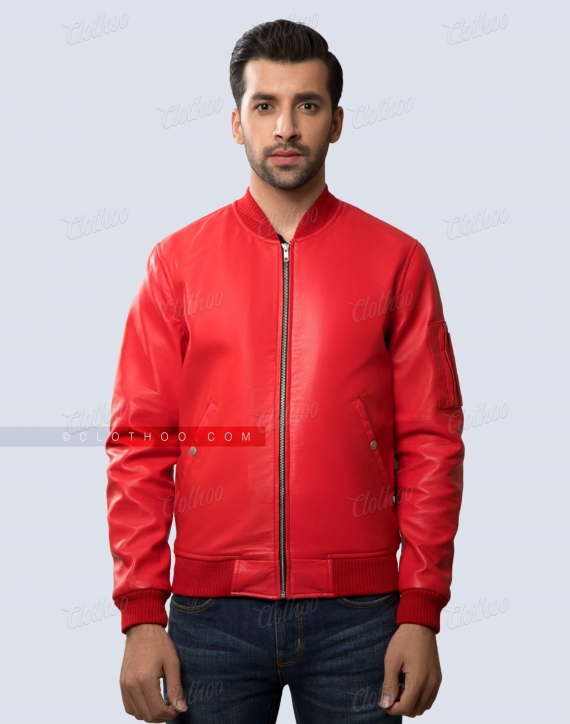 Red Sheep Leather Bomber Jacket Front