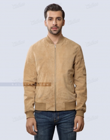 Camel Brown Suede Leather Bomber Jacket