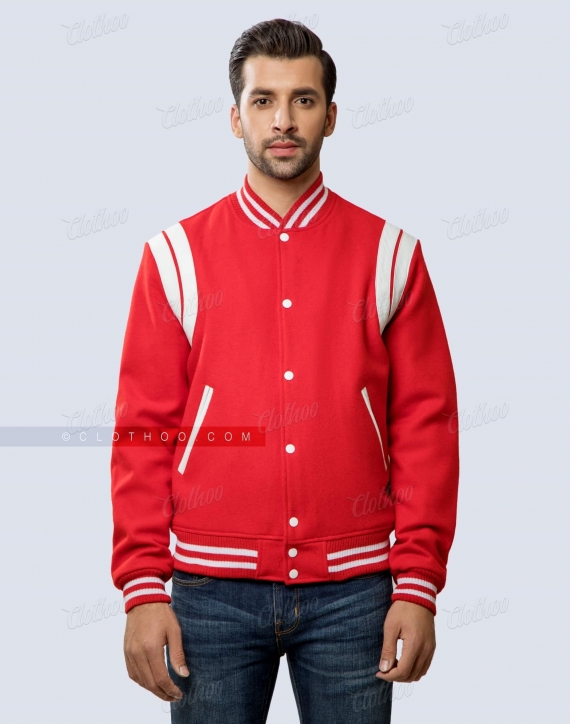Red Stylish Varsity Jacket With White Shoulder Inserts Front