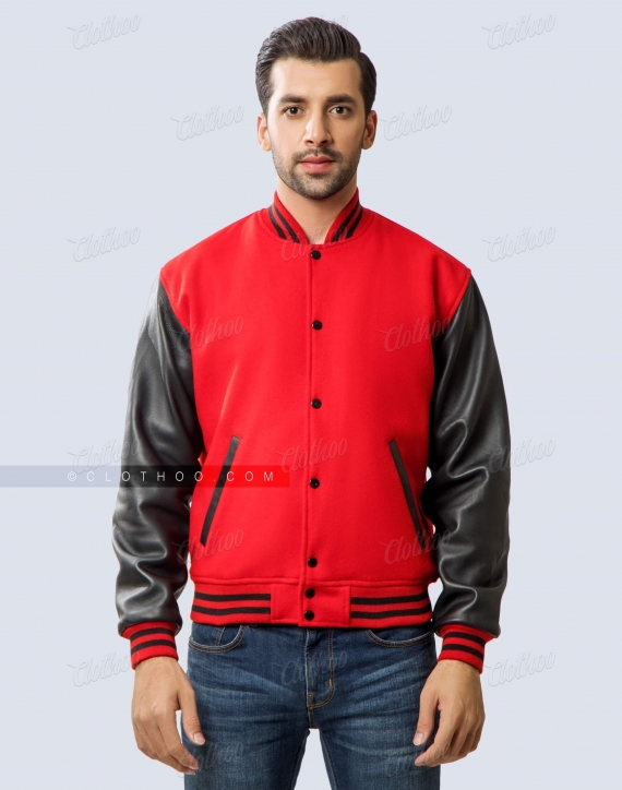 Red Wool Body Black Sheep Leather Sleeves Varsity Jacket