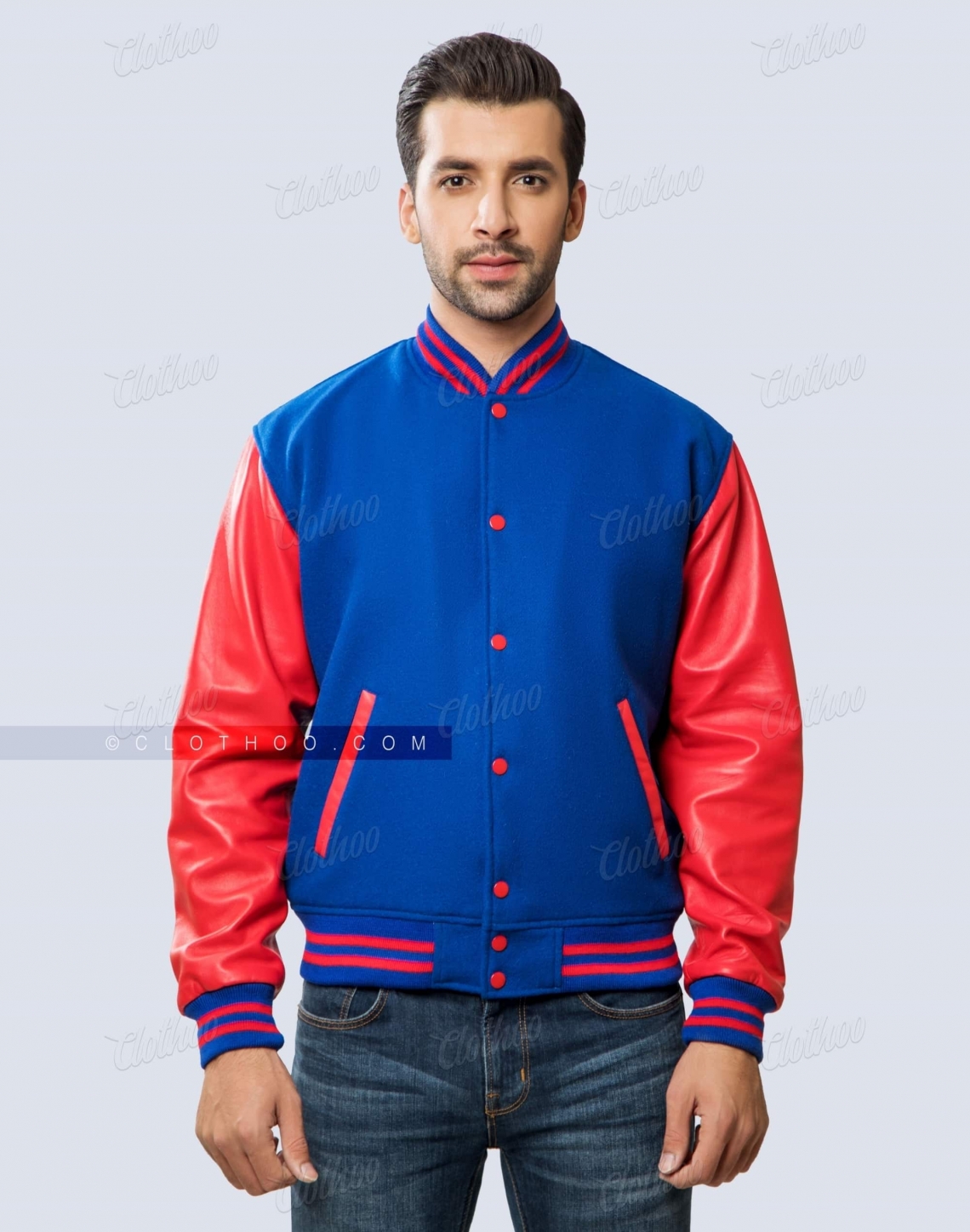 Royal Blue Wool Body and Red Sheepskin Leather Sleeves Letterman Jacket