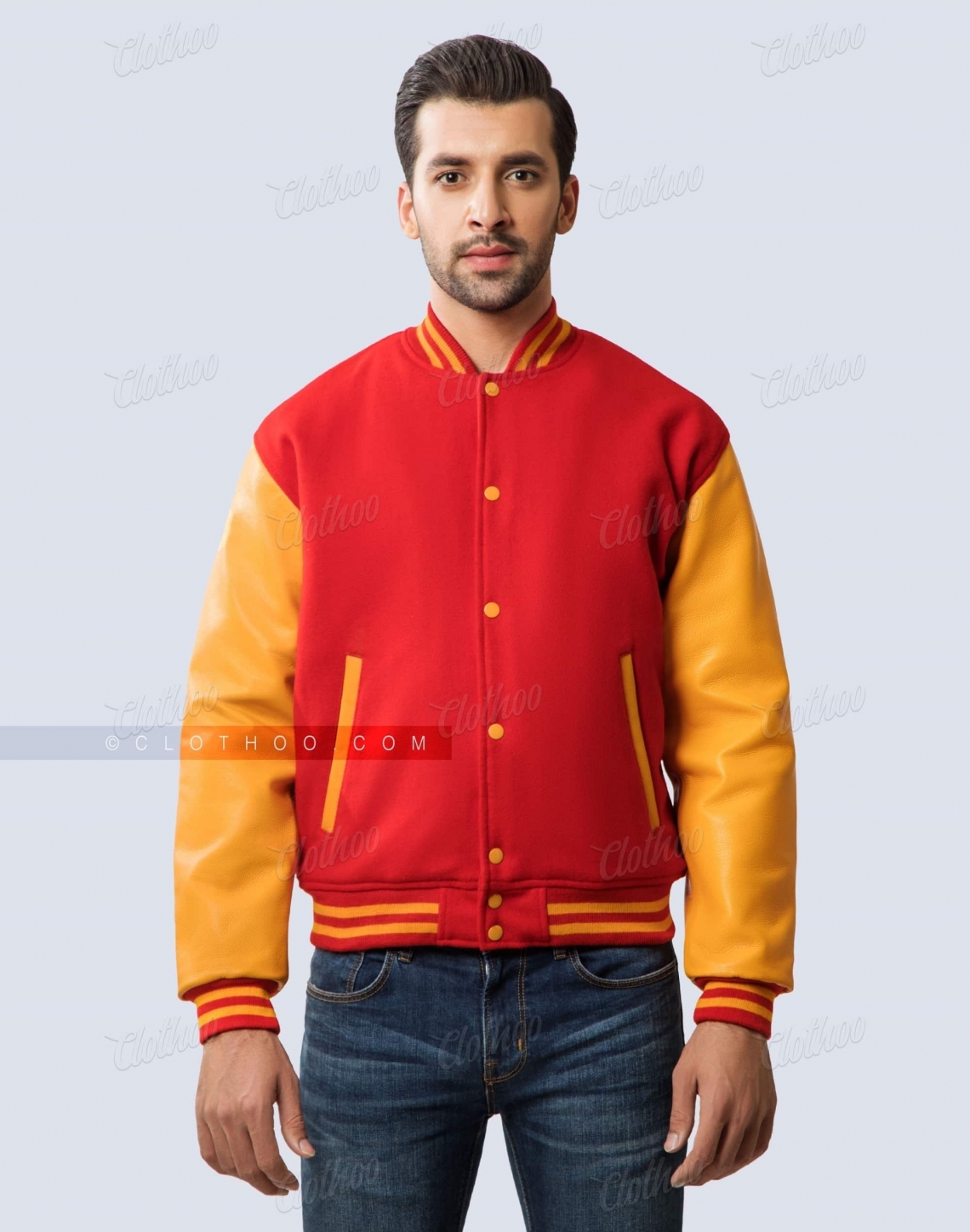 Red Wool Body & Gold Leather Sleeves Varsity Jacket