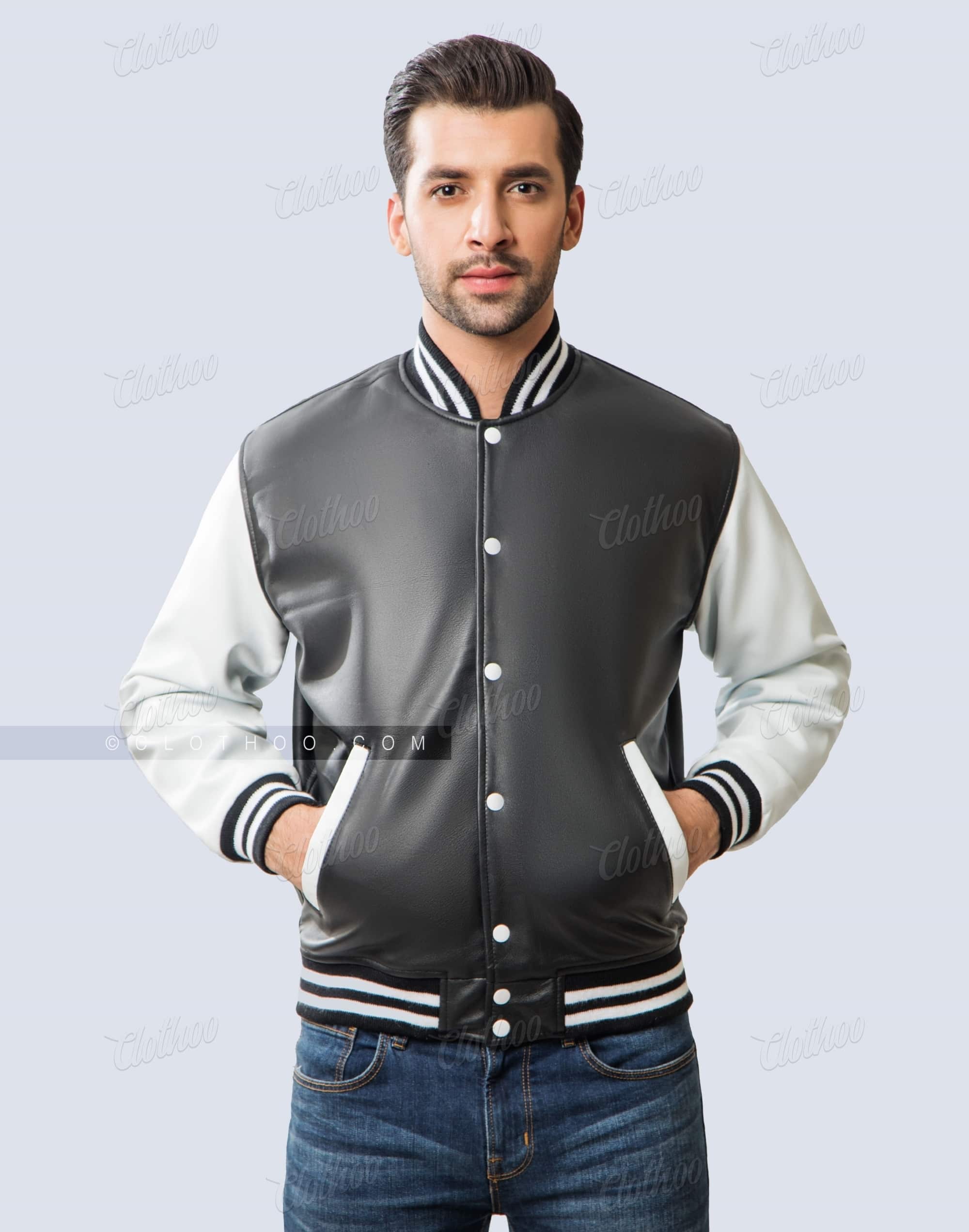 Sheep Skin Leather Varsity Jacket in Black and White | Clothoo