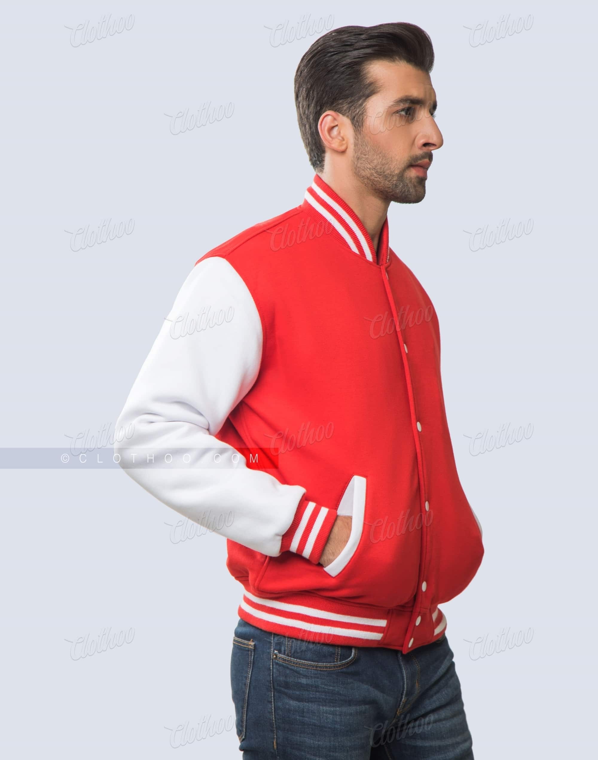 Red and White Fleece Varsity Jacket Clothoo