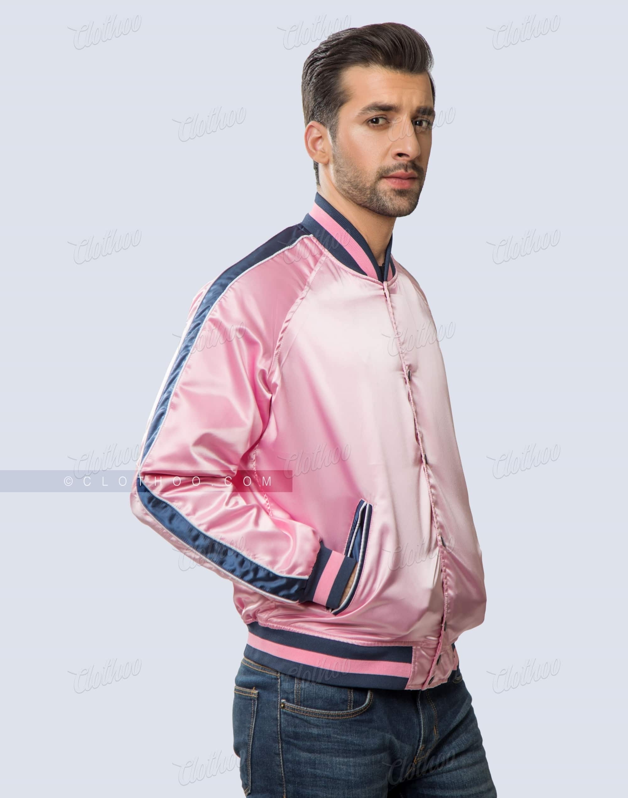 Baby Pink Satin Bomber Jacket With Striped Sleeves | Clothoo