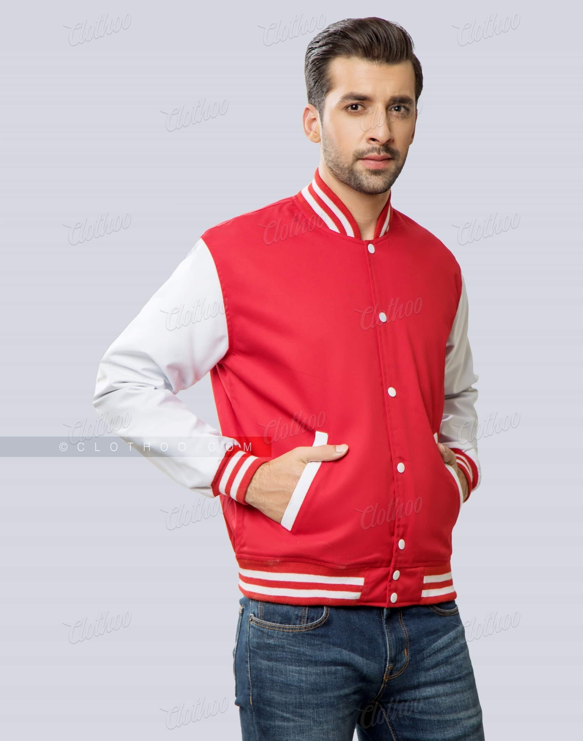 Baseball Varsity Jacket Red and White Cotton Twill | Clothoo