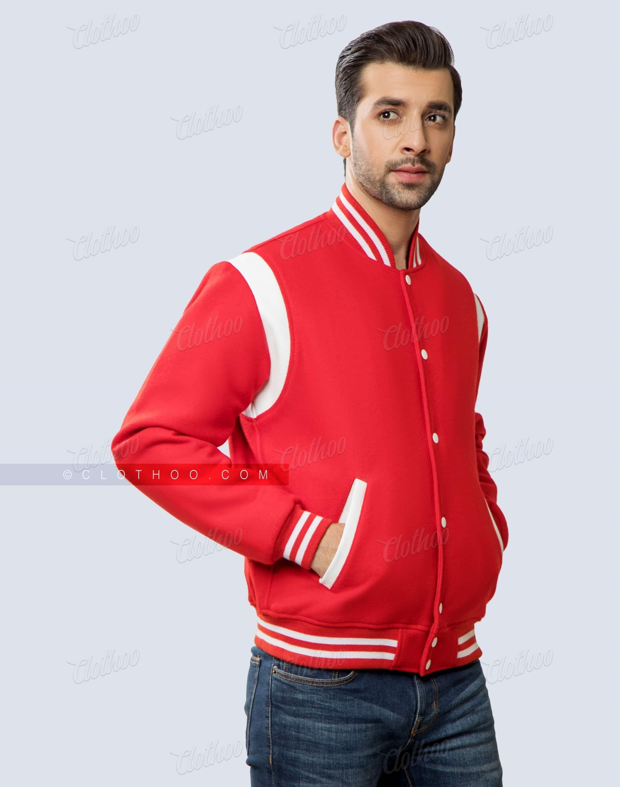 Red Letterman Jacket with White Shoulder Insert | Clothoo