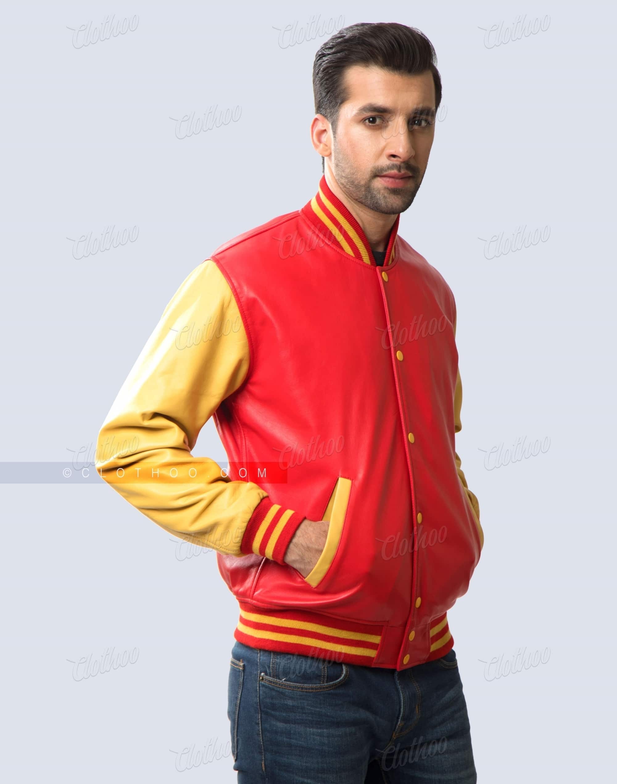 Red Body and Athletic Gold Sleeves Leather Varsity Jacket Clothoo