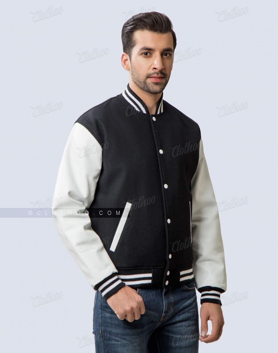 Black and White Letterman Jacket Wool / Leather