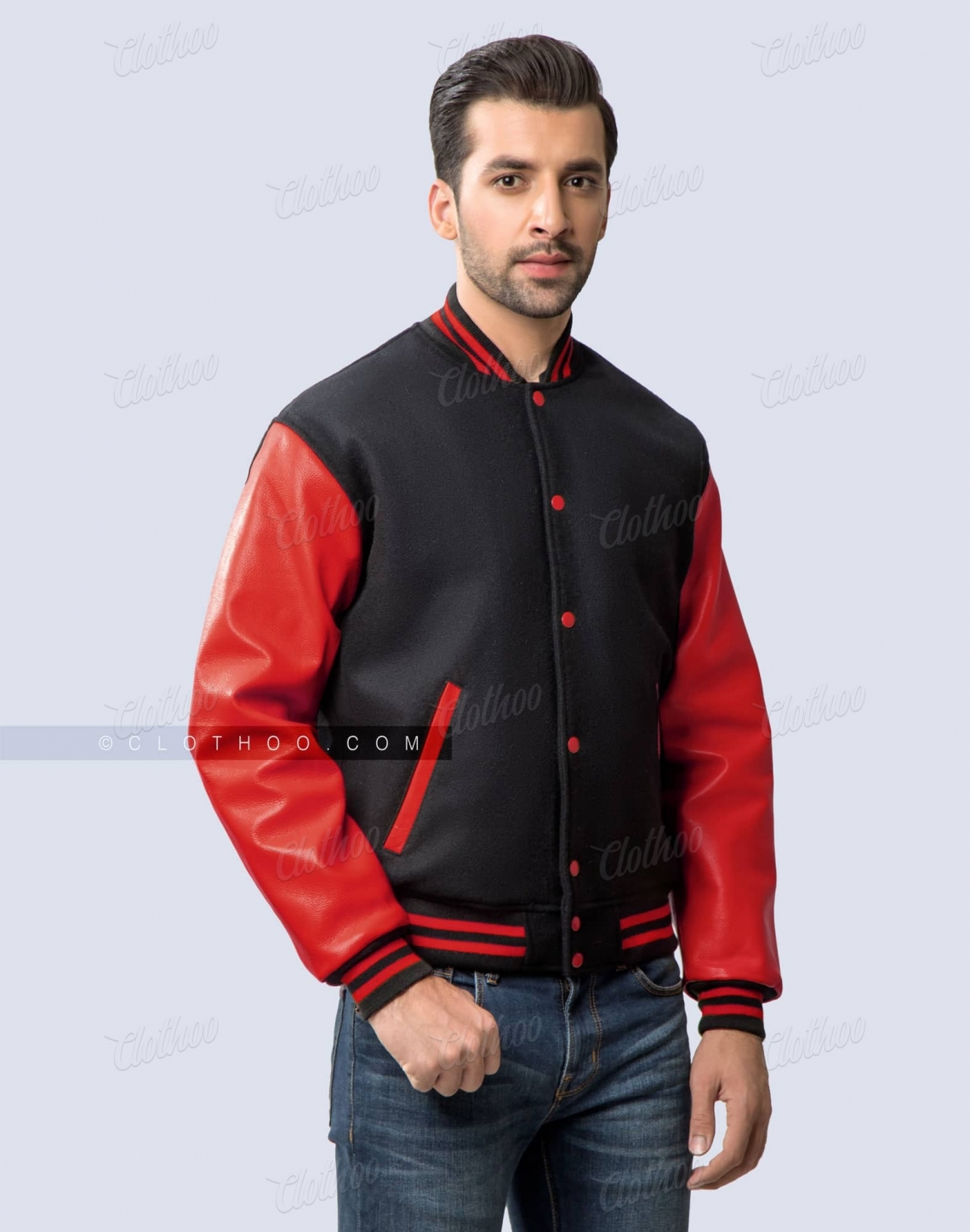 Black and Red Varsity Jacket Genuine Leather Sleeves | Clothoo