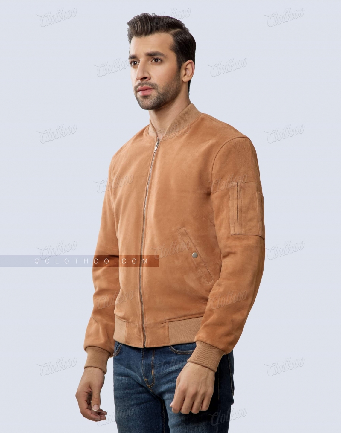 Bomber Style Tan Suede Jacket Front Side