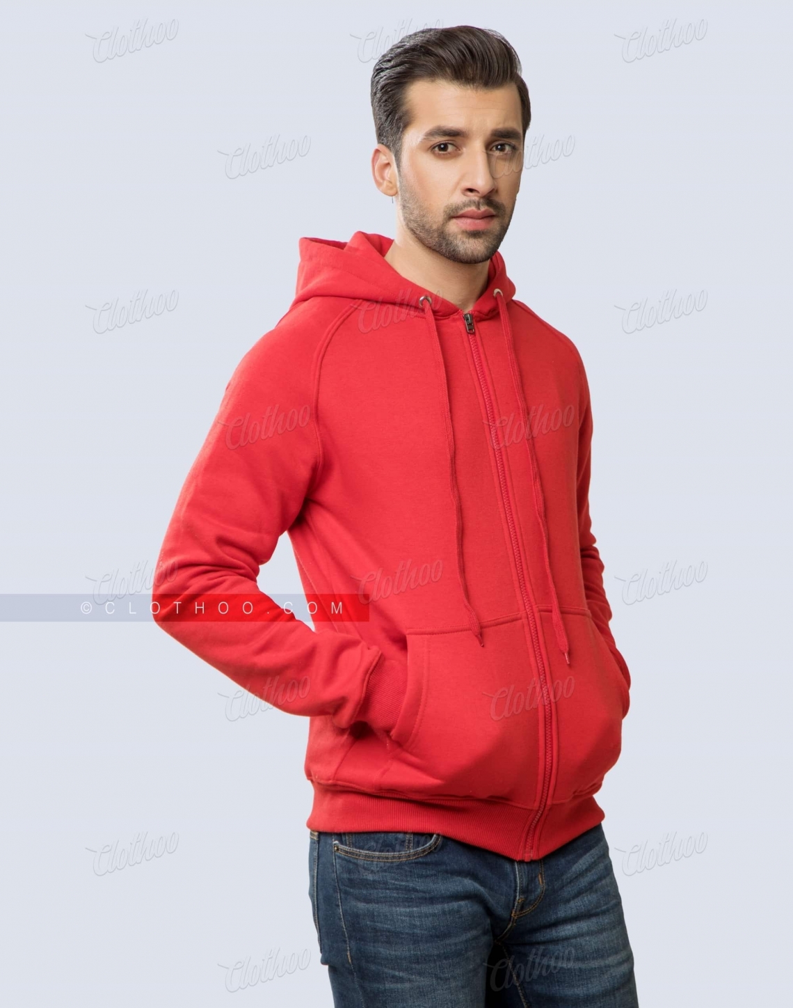 Customizable Zipper Fleece Hoodie In Red Front Side
