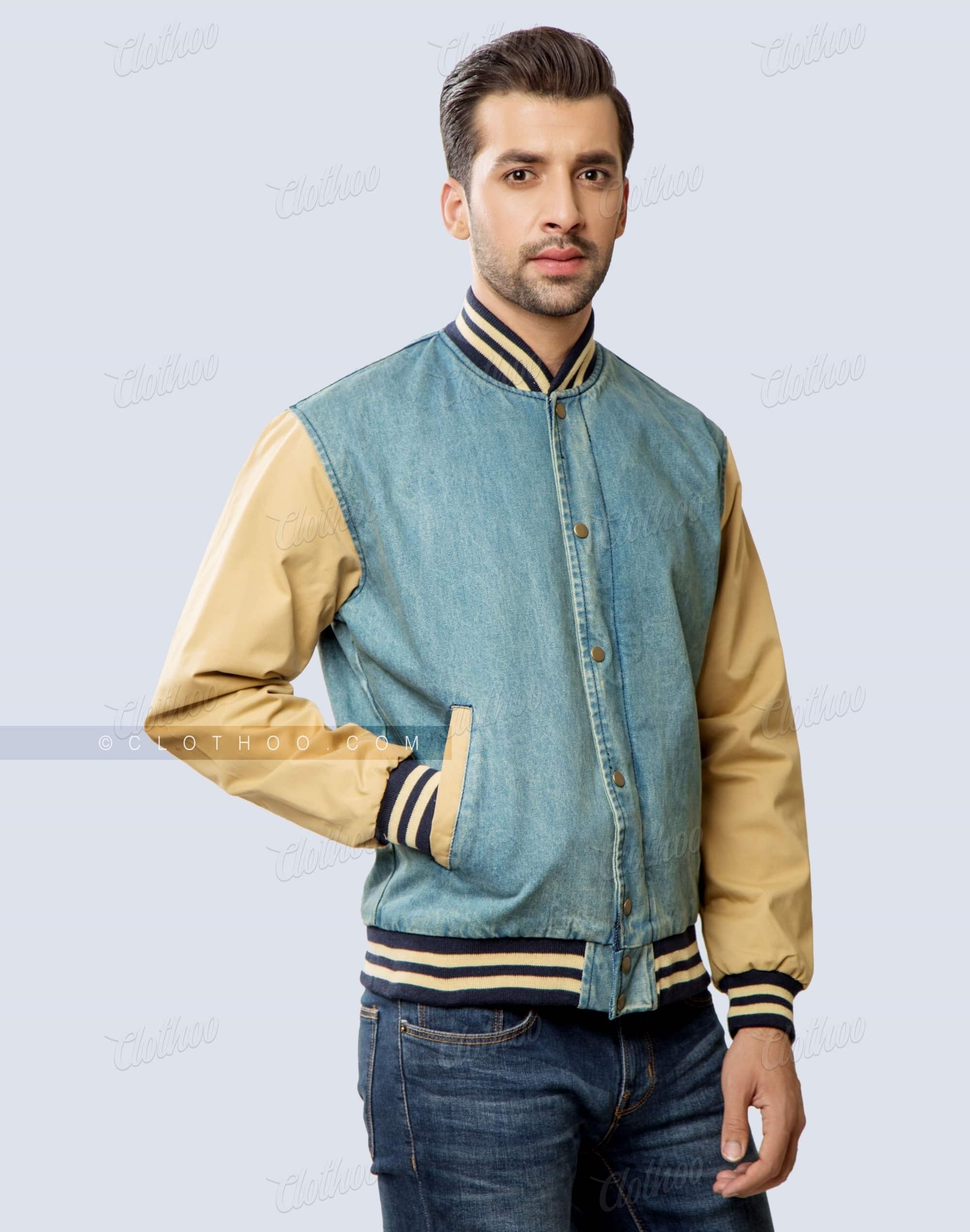 Denim Varsity Jacket With Brushed Cotton Sleeves 