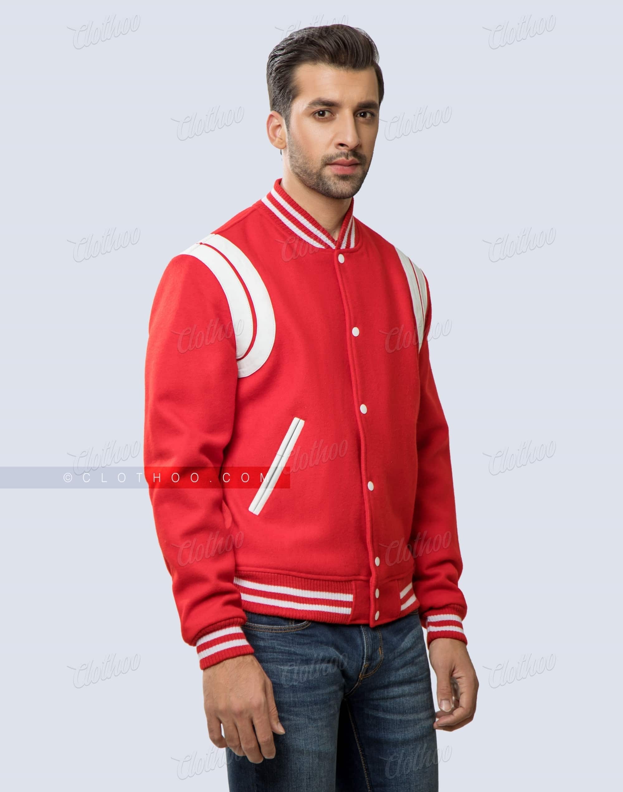 Stylish Varsity Jacket in Red with Shoulder Inserts | Clothoo