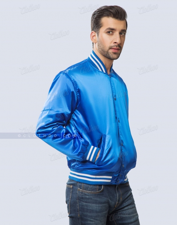 Royal Blue Satin Varsity Jacket | Clothoo