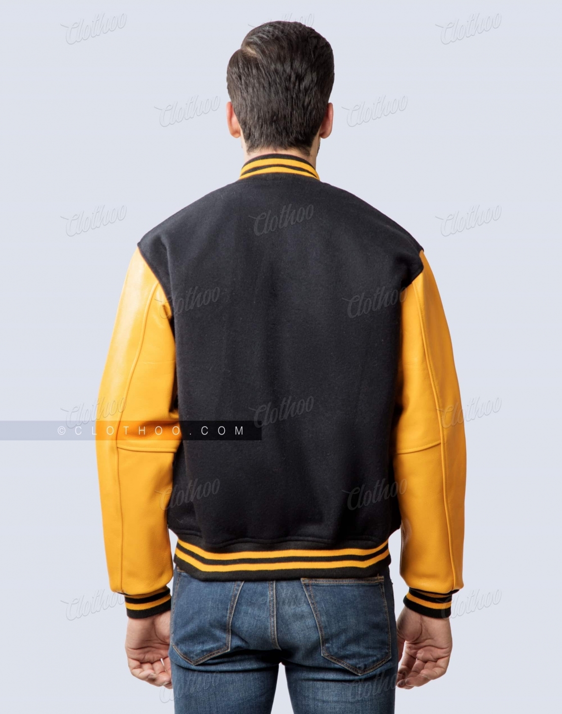 Black Wool & Gold Leather Sleeves Letterman Jacket - Clothoo