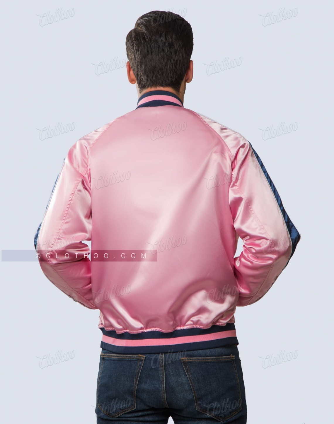 Baby pink satin bomber jacket with striped sleeve back