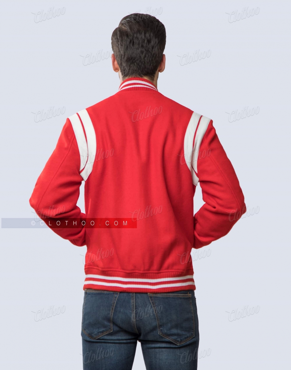 Red Stylish Varsity Jacket With White Shoulder Inserts Back