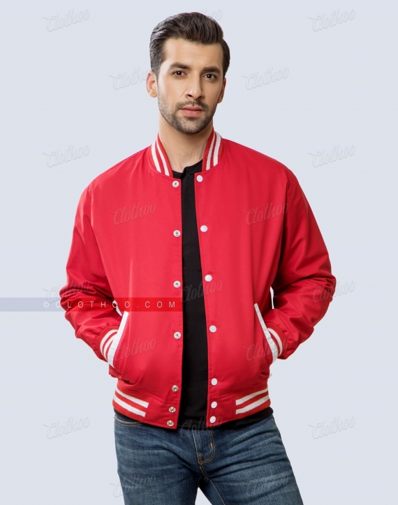 Red Cotton Twill Baseball Jacket | Clothoo