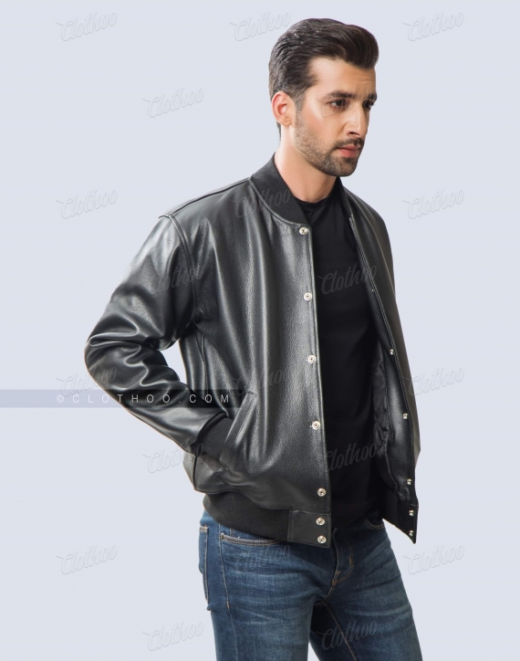 Leather Panelled Varsity Jacket - Black