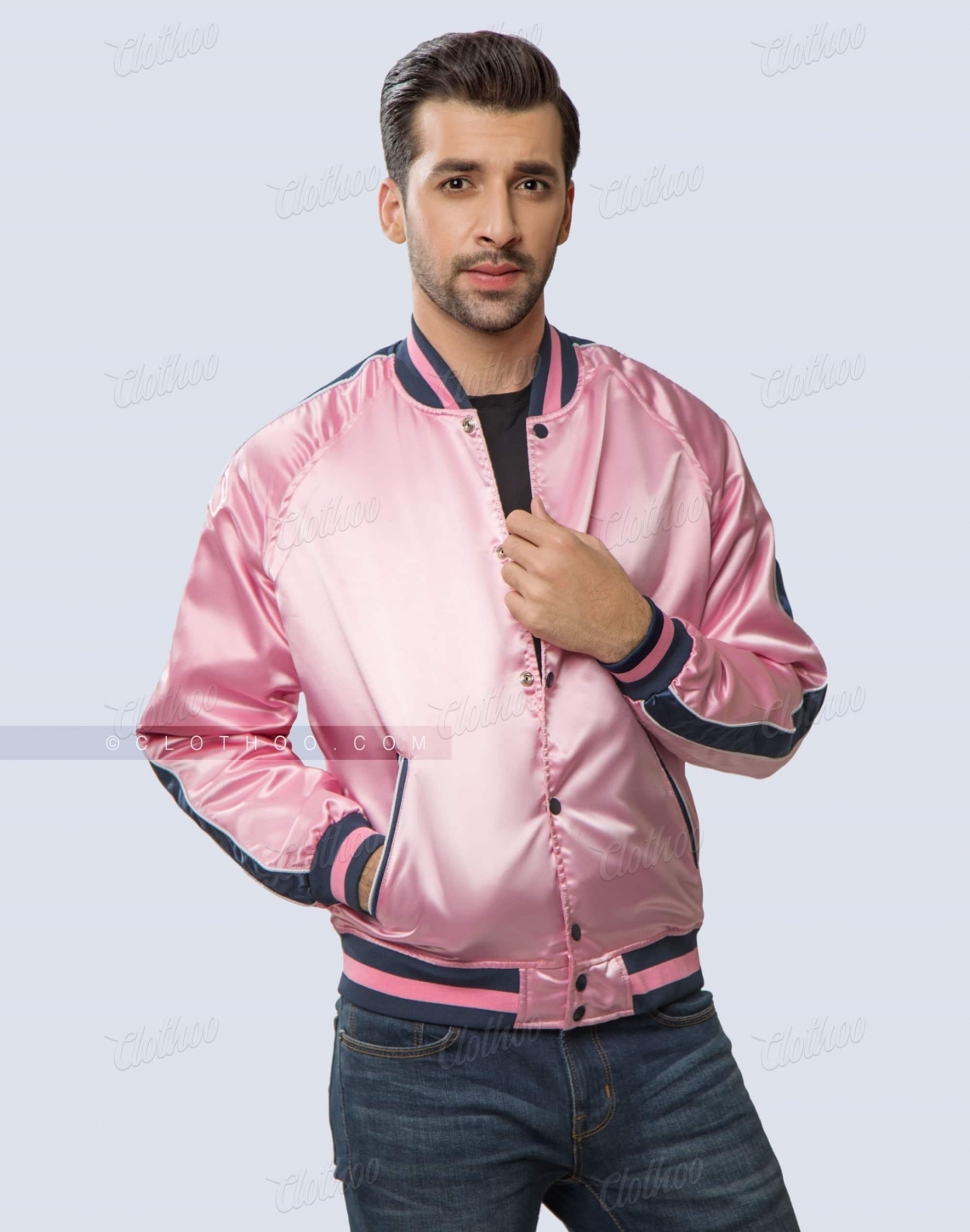 Baby pink satin bomber jacket with striped sleeve casual