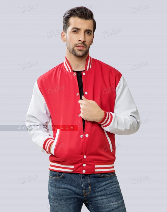 Baseball Varsity Jacket Red and White Cotton Twill | Clothoo