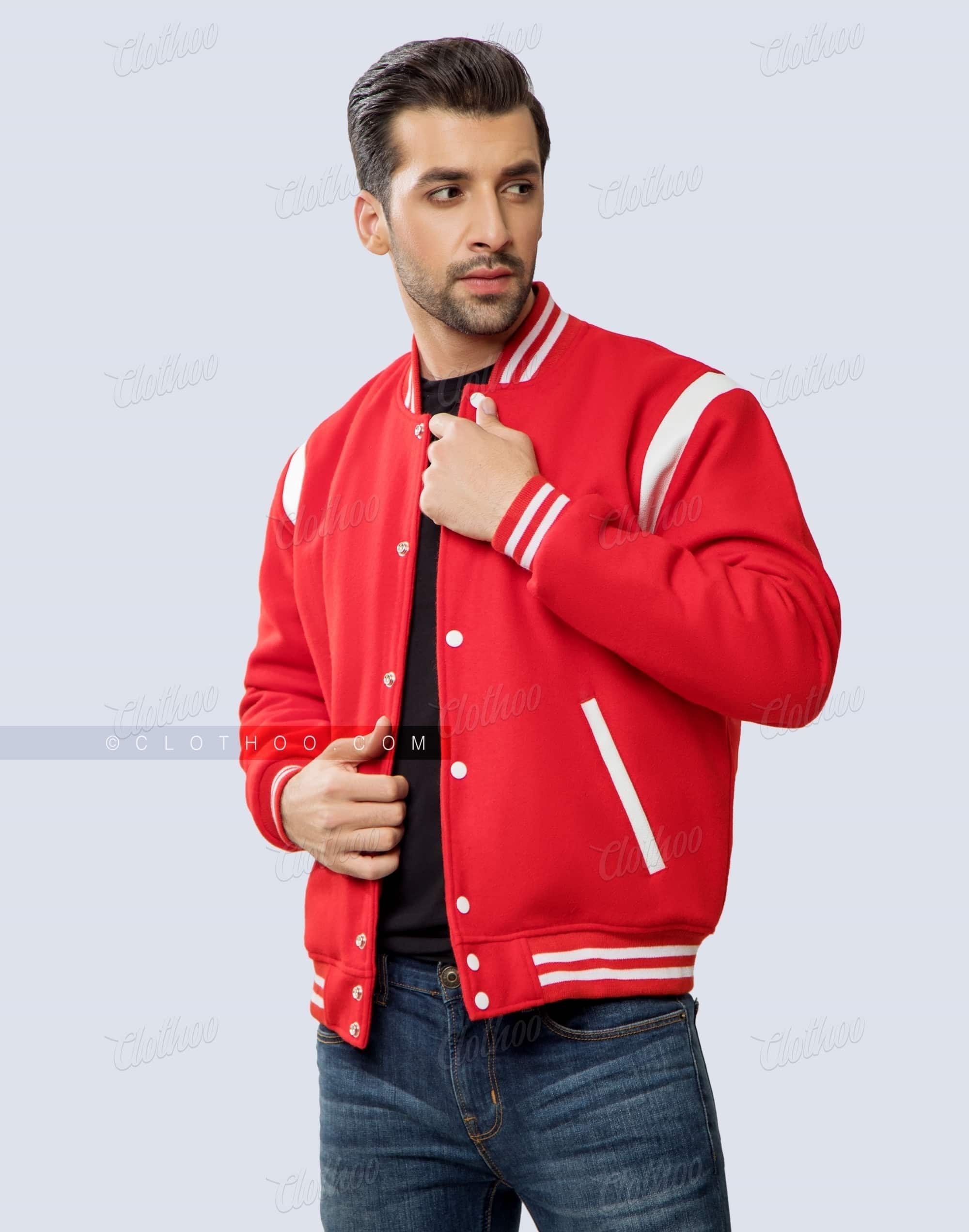 Red Letterman Jacket With White Shoulder Insert | Clothoo