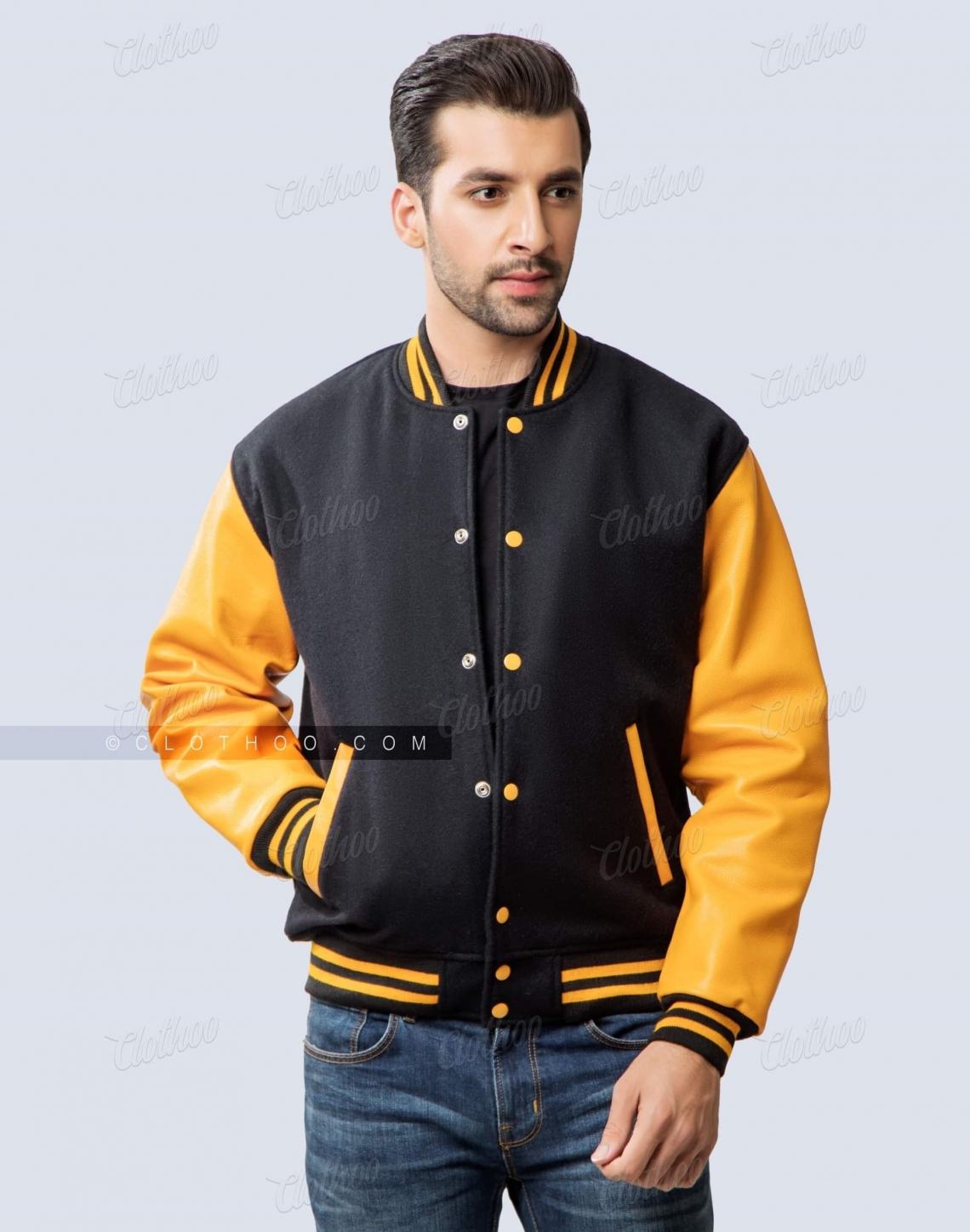 Black Wool & Gold Leather Sleeves Letterman Jacket - Clothoo