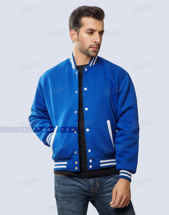 Royal Blue Cotton Fleece Varsity Jacket | Clothoo