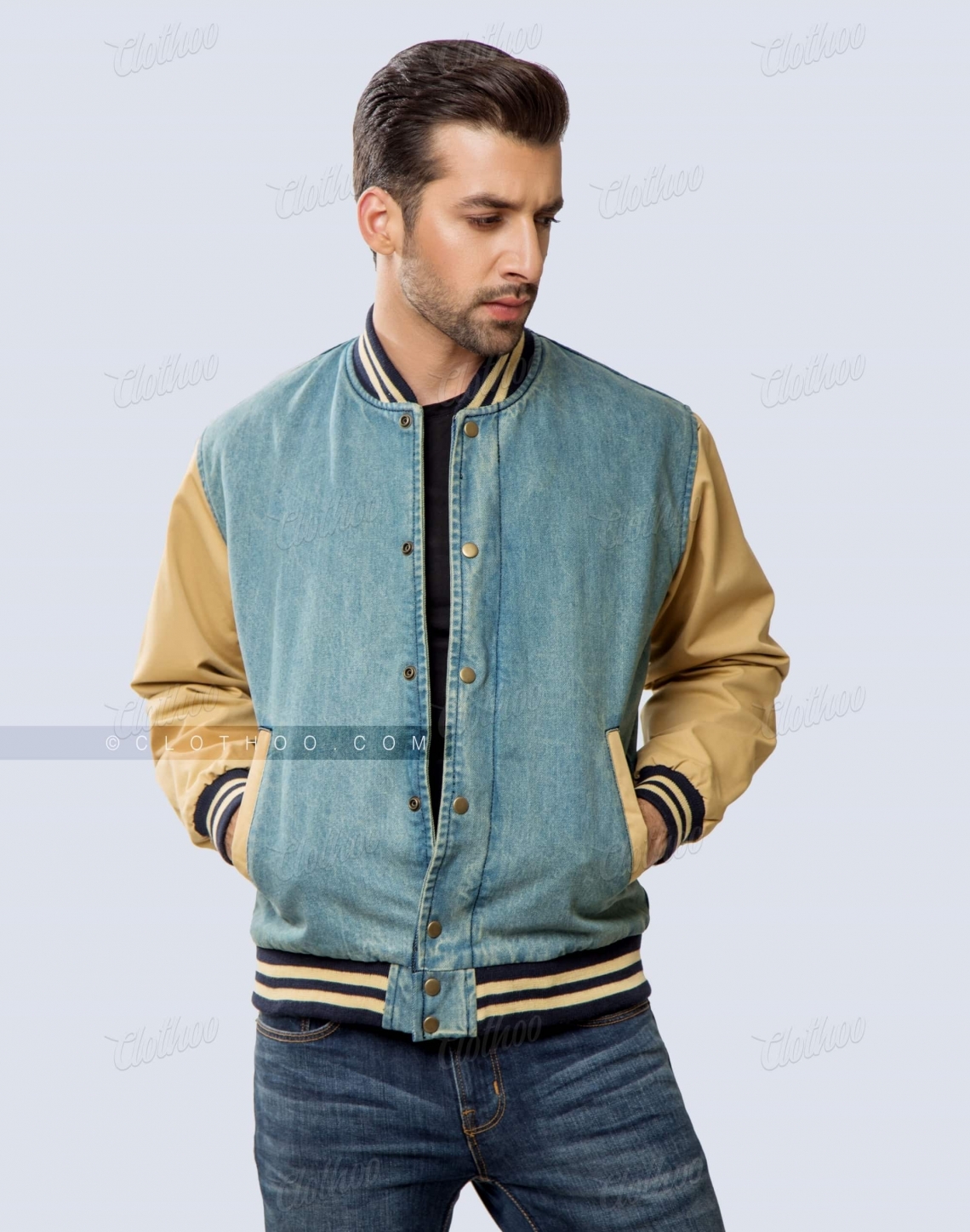 Denim Varsity Jacket Cotton Twill Sleeves Casual