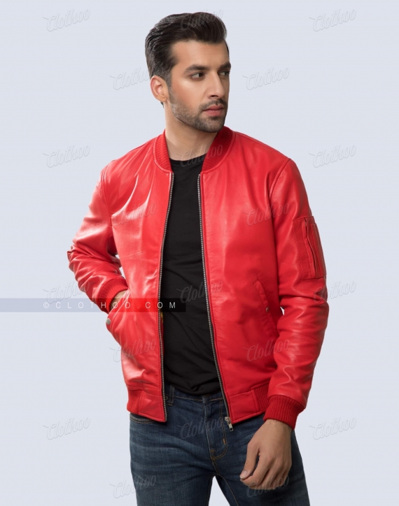 RED LEATHER BOMBER VARSITY JACKET