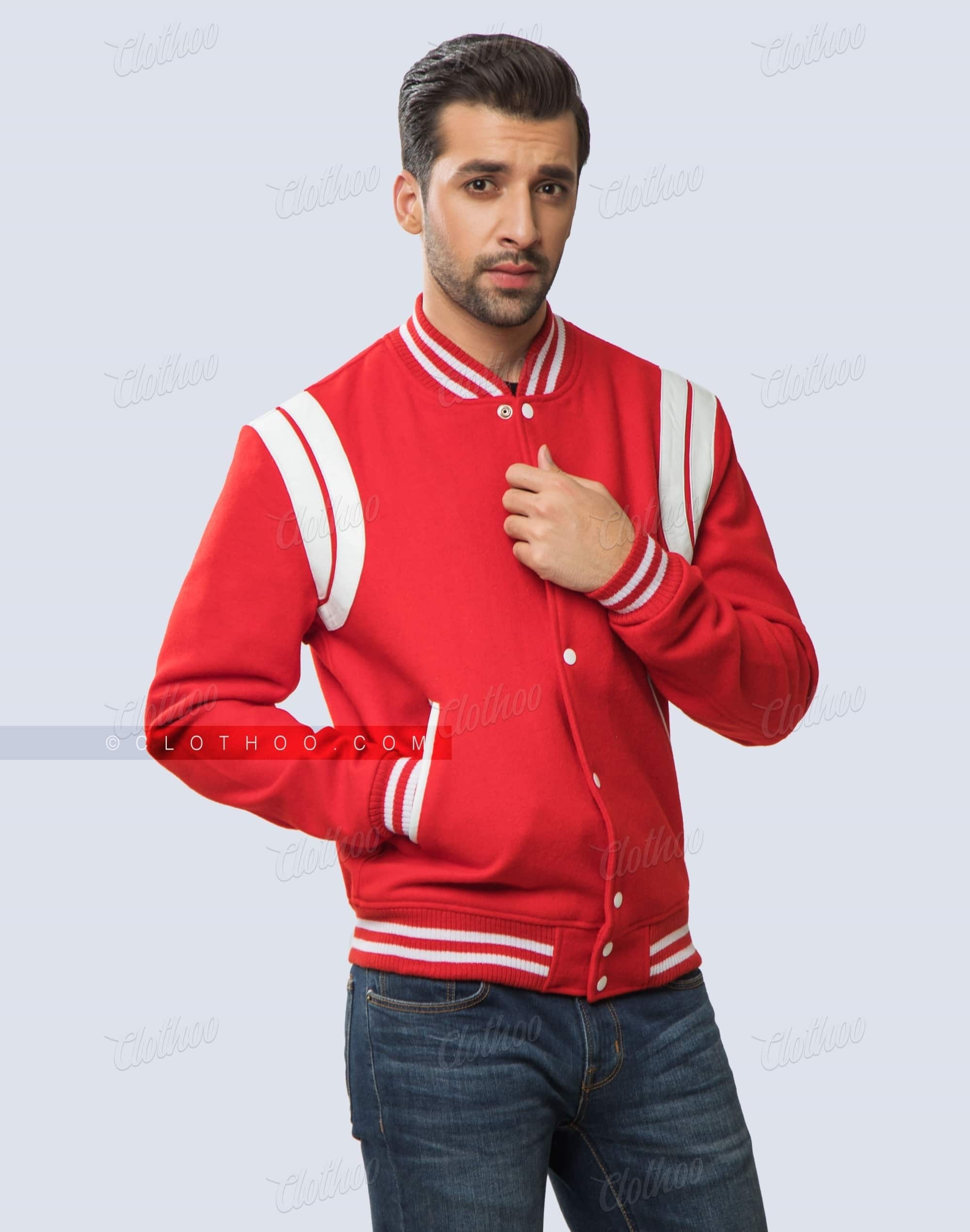 Stylish Varsity Jacket in Red with Shoulder Inserts | Clothoo