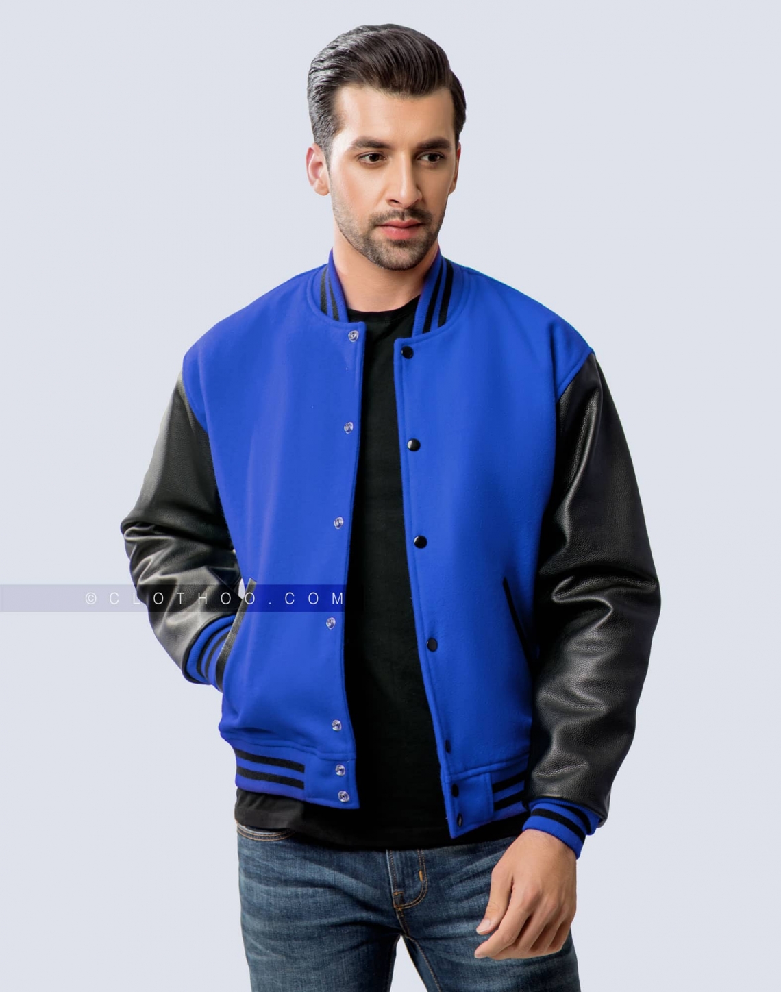 Royal Blue and Black Cowhide Leather Sleeves Varsity Jacket Casual Mens