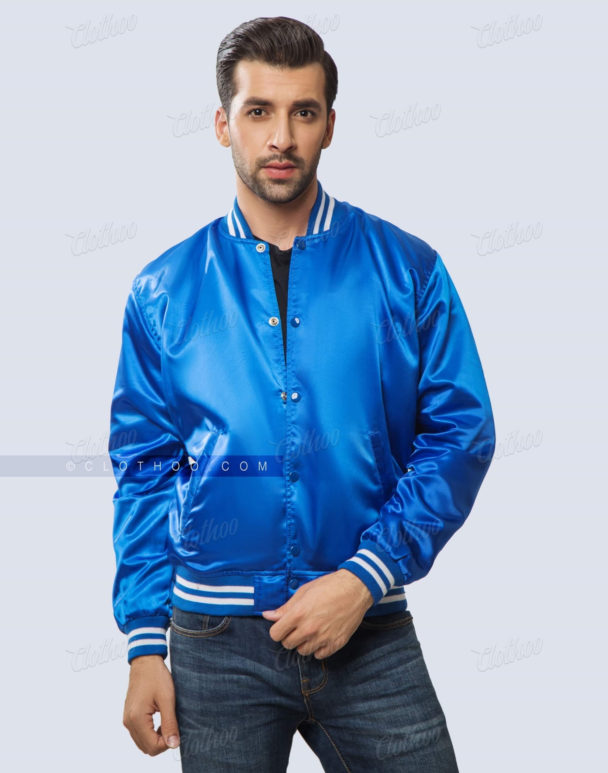 Royal Blue Satin Varsity Jacket | Clothoo