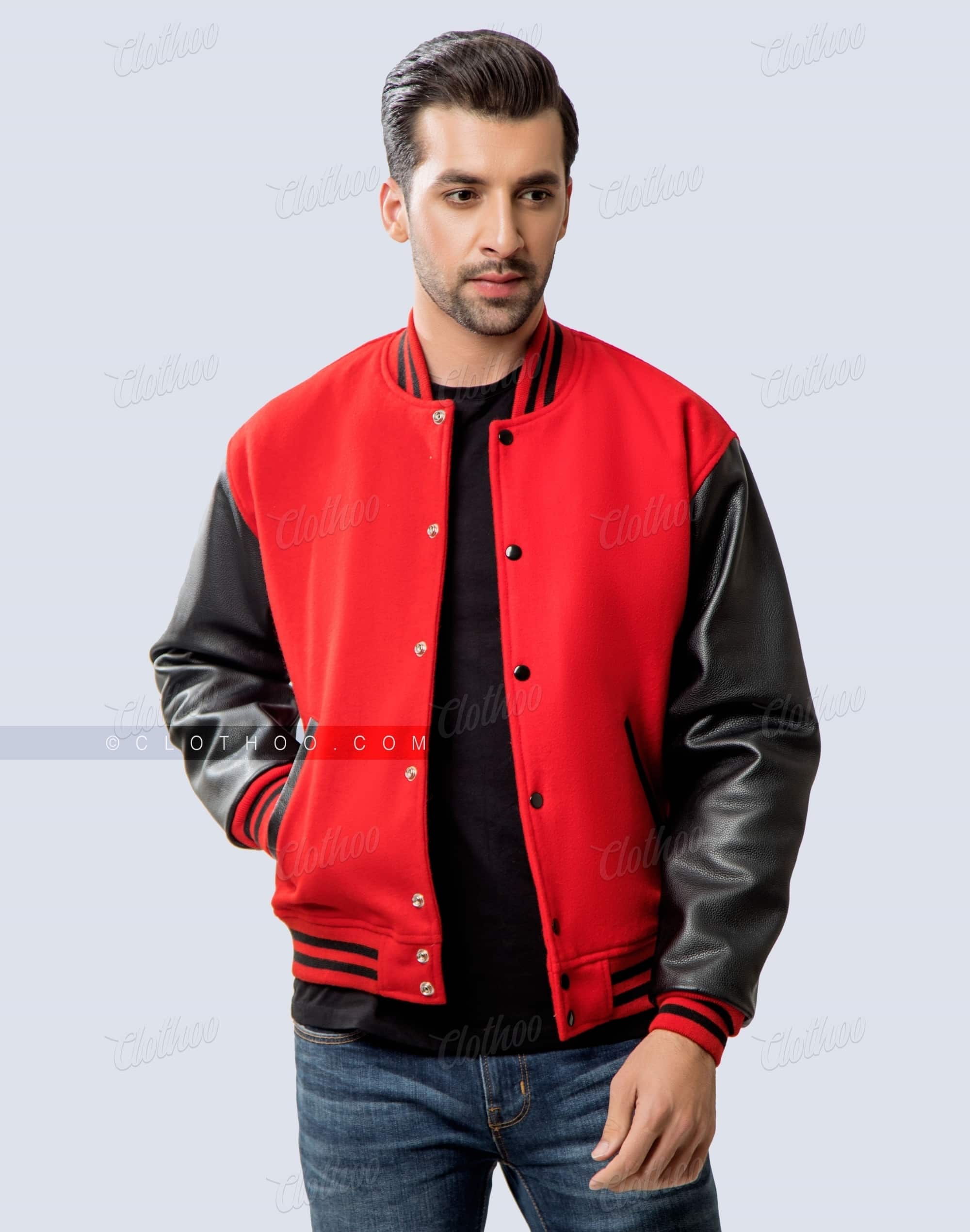 Scarlet Red and Black Letterman Jacket with Leather Sleeves.