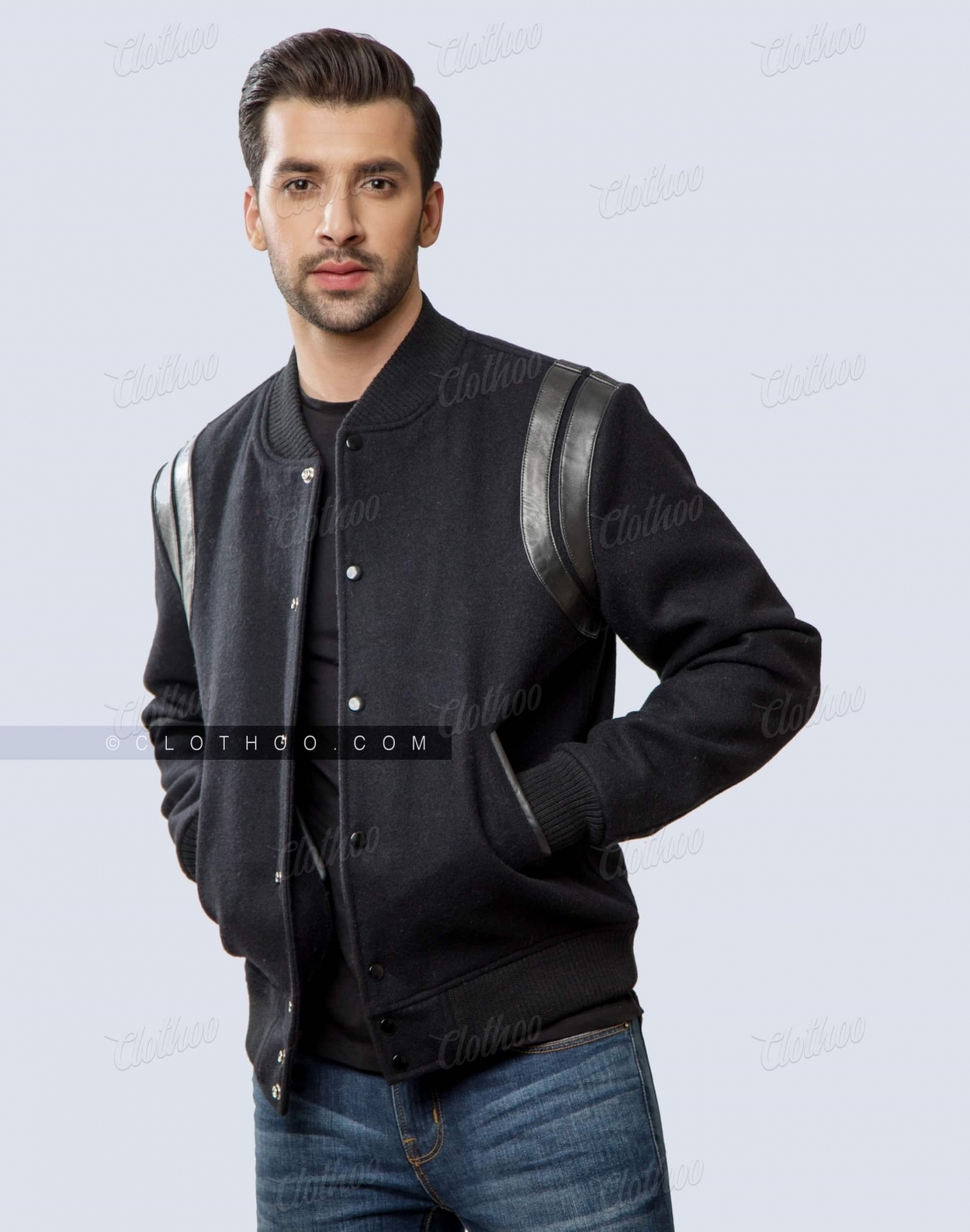 All Black Varsity Jacket with Leather Shoulder Inserts