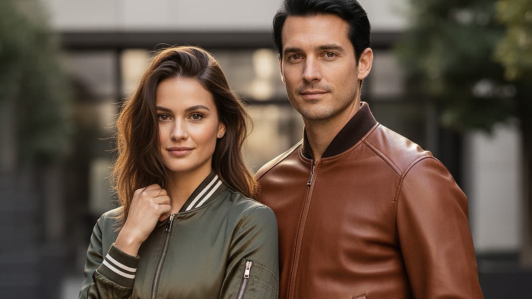  Man wearing brown sheep leather bomber jacket and woman wearing olive satin bomber jacket outdoors in the USA.