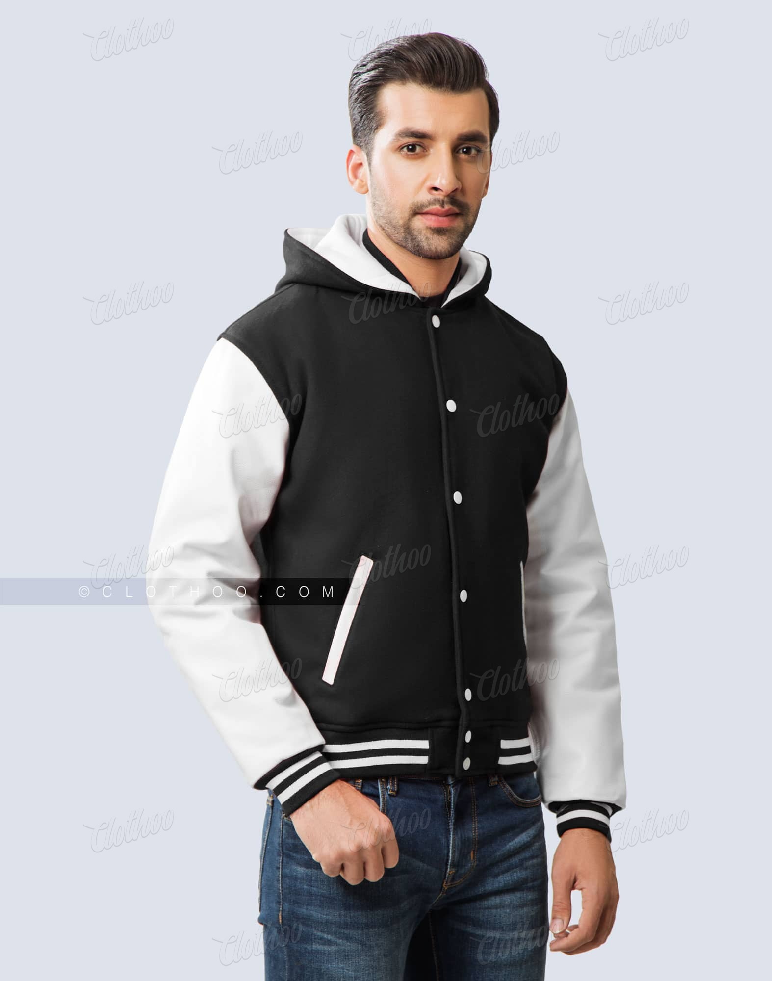 Black Hooded Varsity Jacket / White Sleeves Clothoo