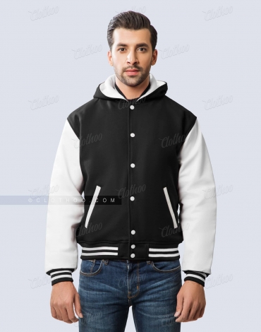 Black Wool and White Leather Sleeves Varsity Hoodie Jacket Black Wool and White Leather Sleeves Varsity Hoodie Jacket