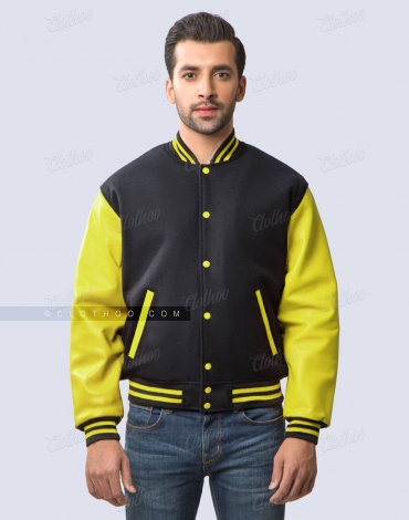 Black Wool and Yellow Leather Sleeves Letterman Jacket Black Wool and Yellow Leather Sleeves Letterman Jacket