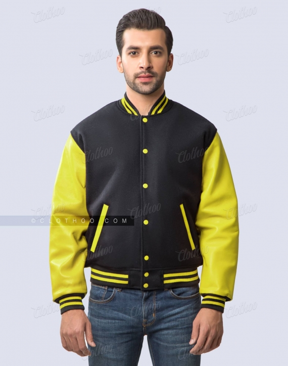 Black And Yellow Leather Varsity Jacket