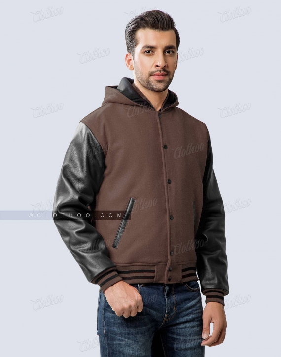American Varsity Letterman College Bomber Hoodies Brown Body White Leather Arms 