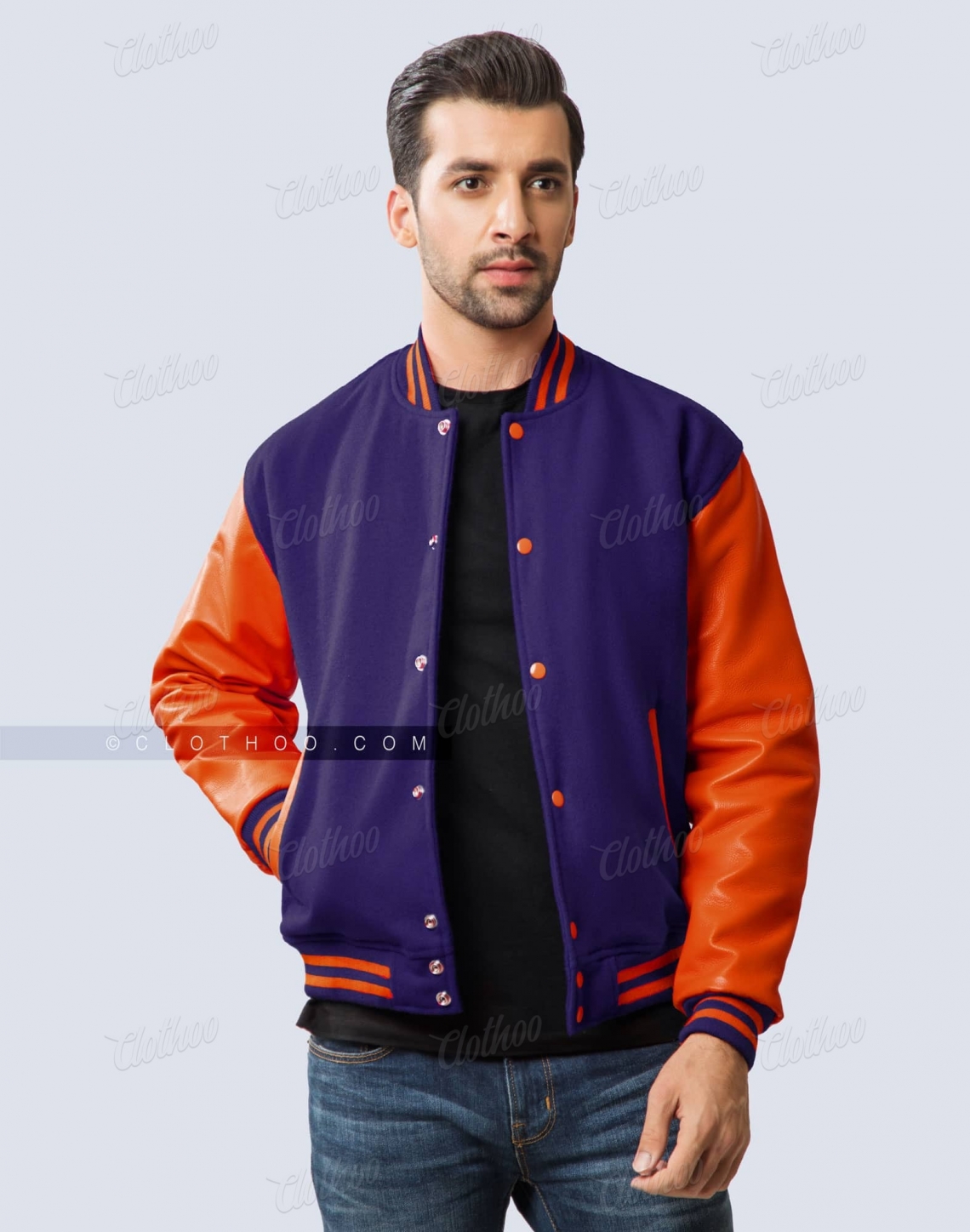 Dark Purple Wool Body Orange Leather Sleeves Varsity Jacket