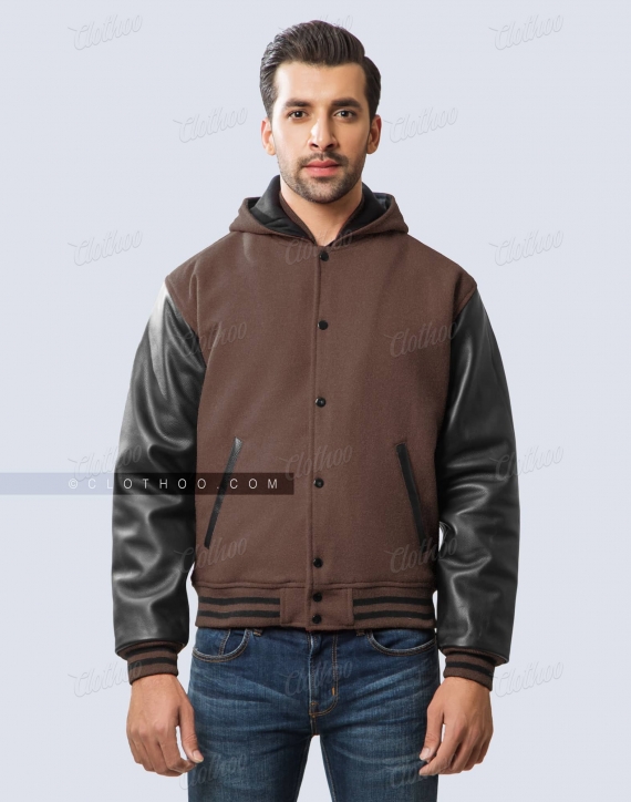 Dark Brown Letterman Jacket With Hood Mens Black Leather Sleeves